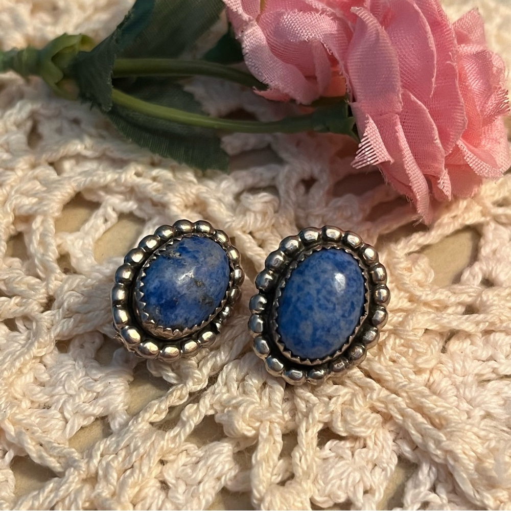 Native American Sterling Denim Lapis Stud Earrings Signed W Navajo